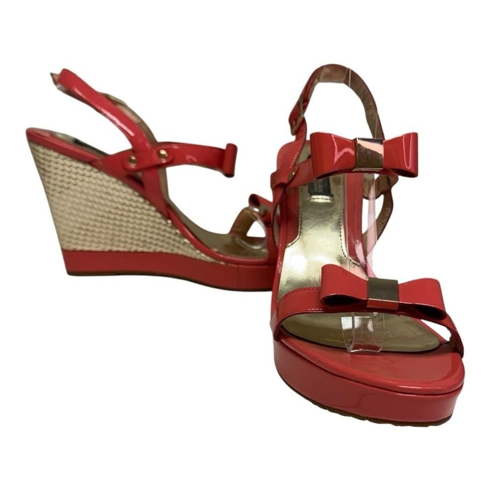 White House Black Market Coral Patent Leather Bow Wedge Platform Sandals